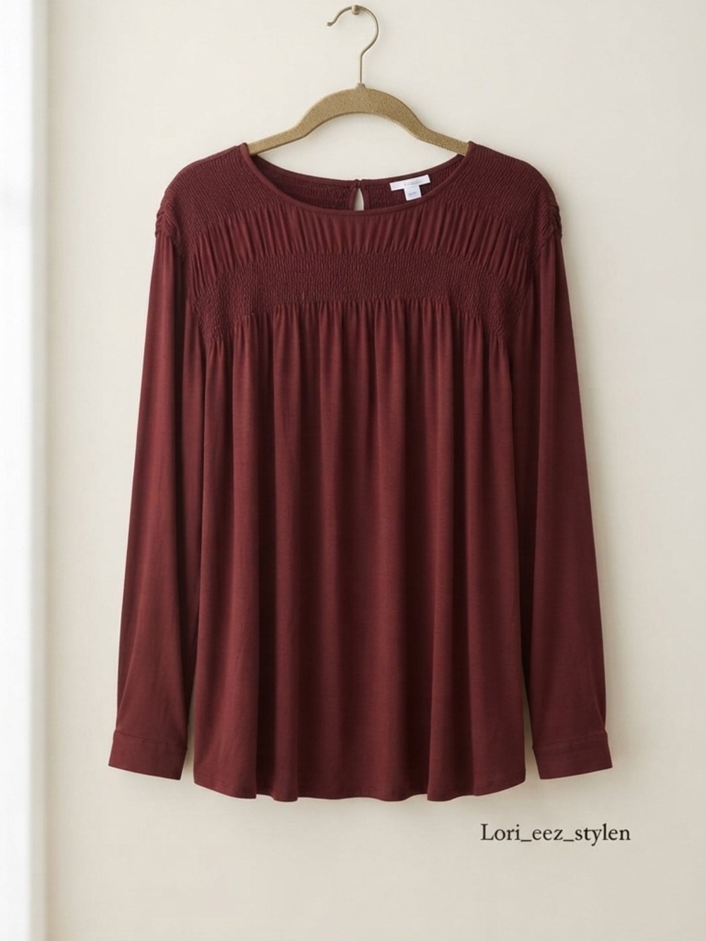 J. Jill Rust Smocked-Yoke Long-Sleeve Blouse